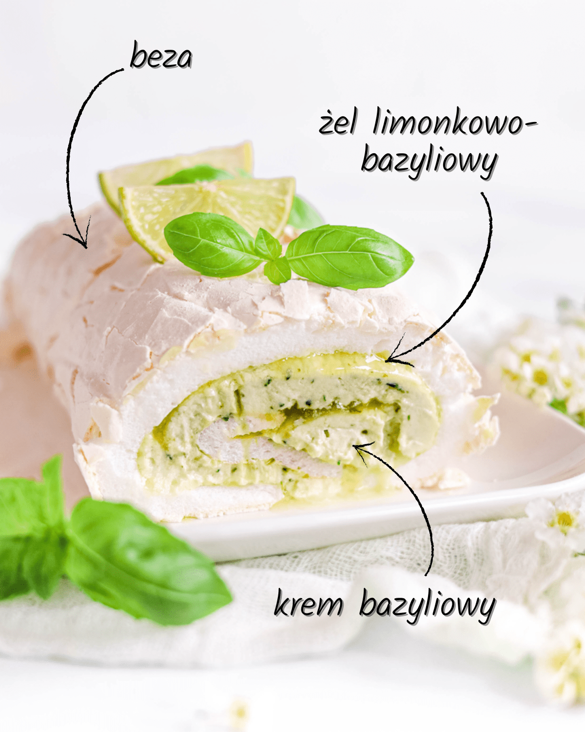 Rolada bezowa z kremem bazyliowym i limonką Cake it